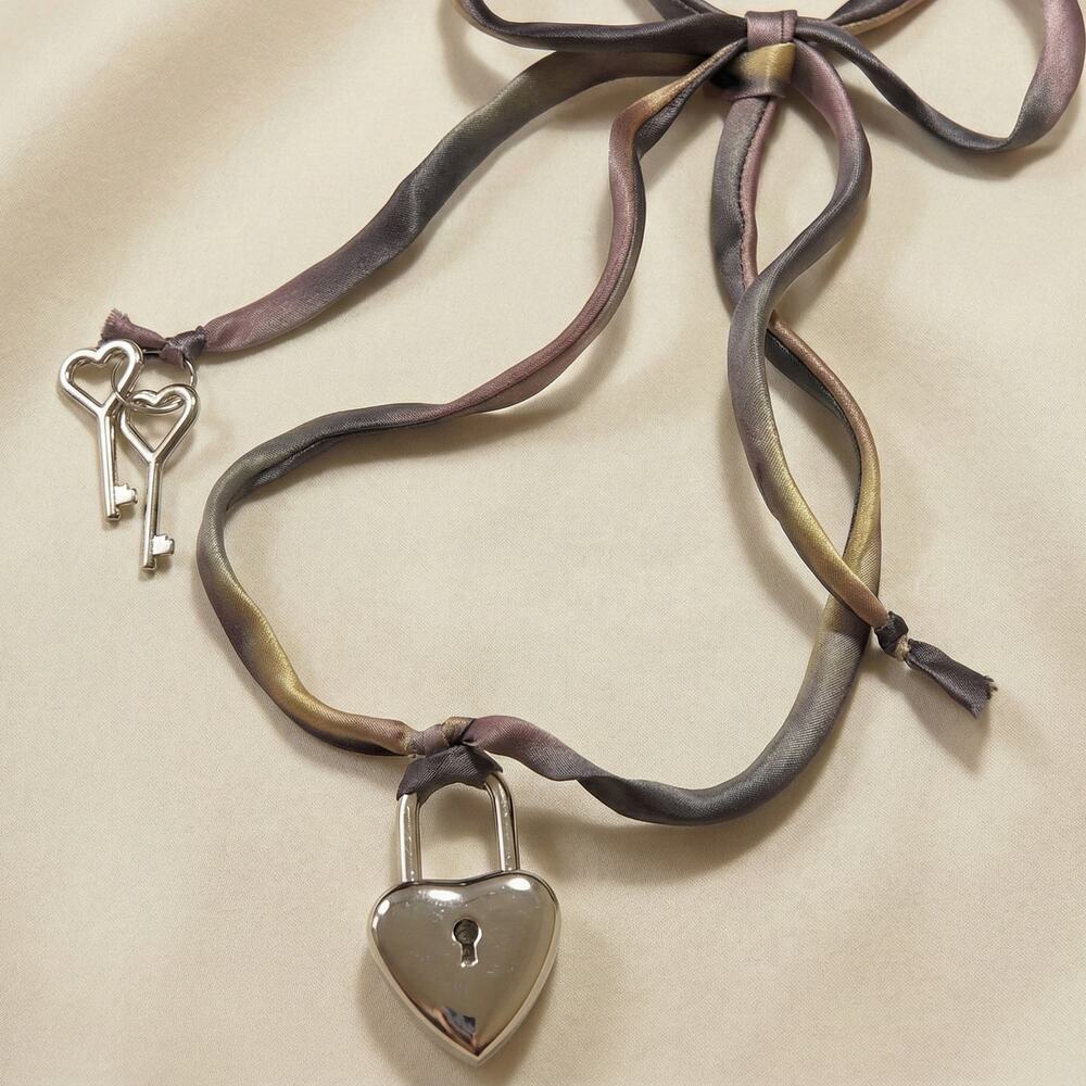 Brite*Things Sterling Silver Heart Lock Double Key Pendant Ribbon Necklace Rare